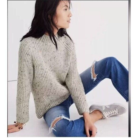 Madewell Donegal Northfield Mockneck Wool Beige Oversized Knit Sweater Womens XS - Picture 2 of 9